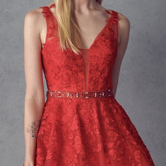 NEW LONG SLEEVELESS A-LINE POLYESTER DRESS EMBROIDERED WITH FLORAL LACE JT 224 - Picture 5 of 9